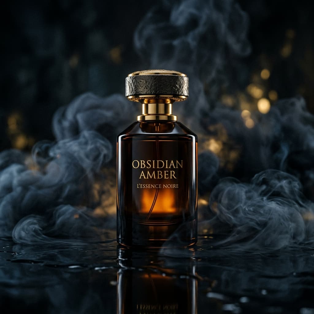Dark moody cinematic AI commercial photography with volumetric smoke on obsidian reflection