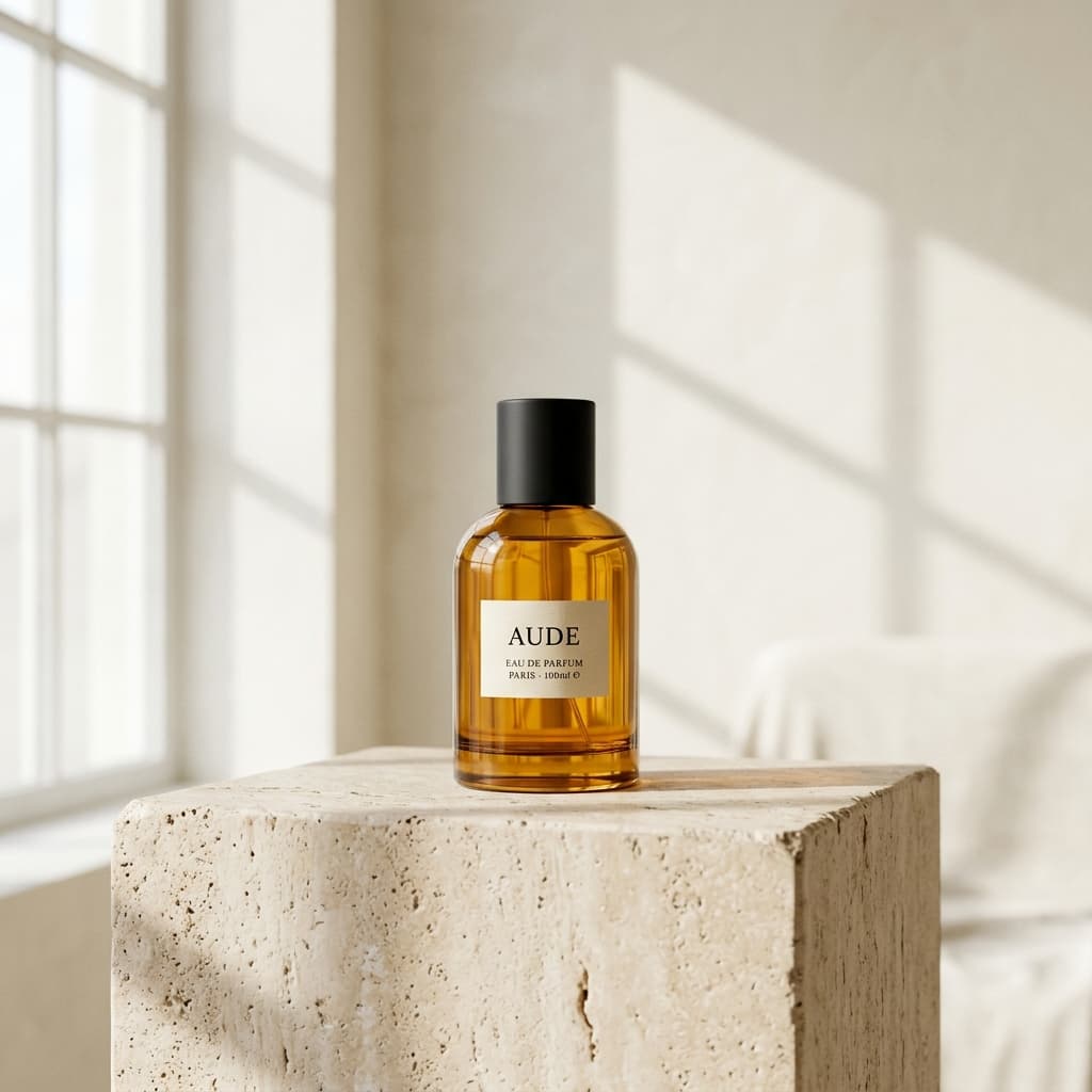 Minimalist AI advertising product photography with clean morning light on travertine stone
